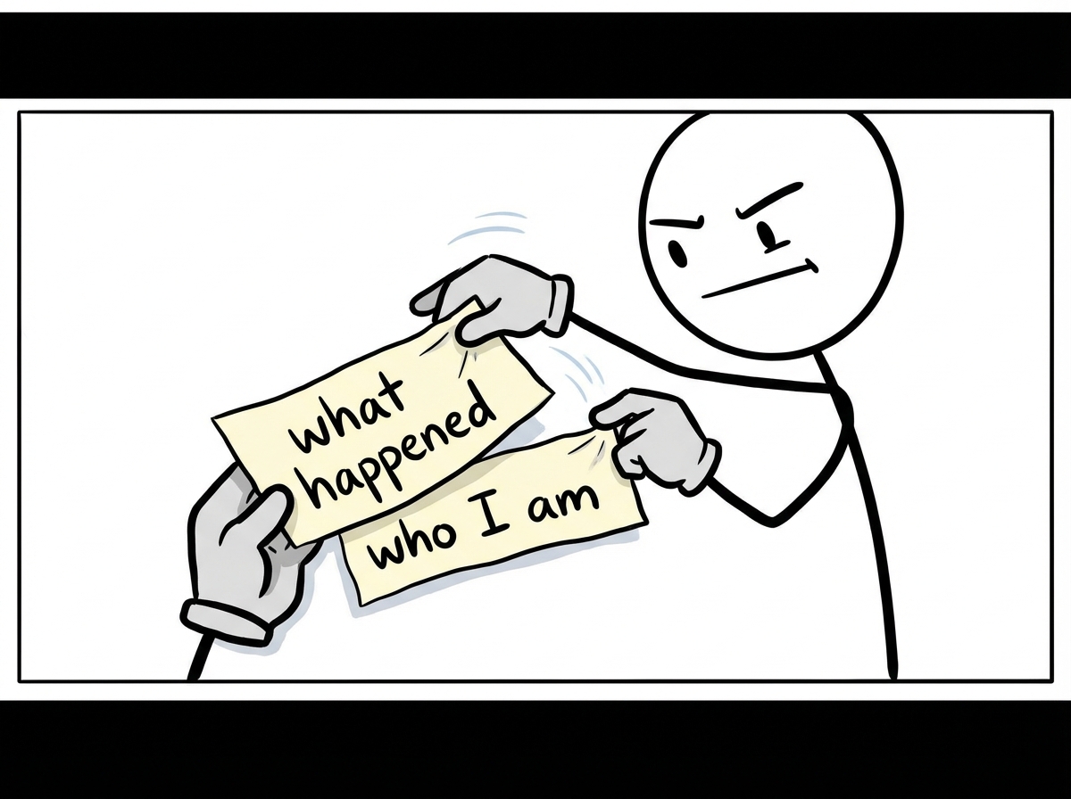 A stick figure carefully separating two overlapping labels -- one reading 'what happened' and one reading 'who I am' -- pulling them apart so they no longer overlap
