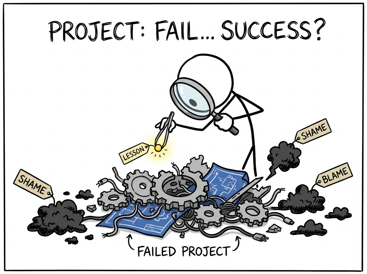 A stick figure examining the wreckage of a failed project with a magnifying glass, carefully picking out a small glowing object labeled 'lesson' while leaving behind dark objects labeled 'shame' and 'blame'