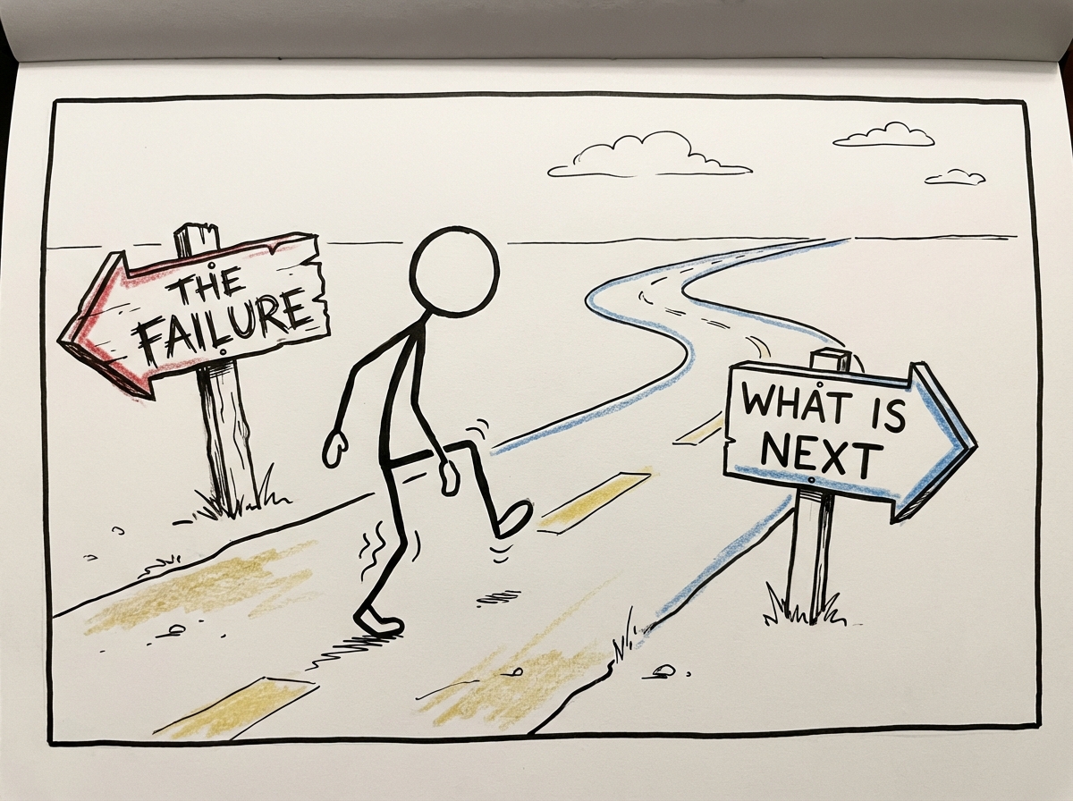A stick figure taking one tentative step forward on a path, legs visibly shaking, with a signpost behind them reading 'the failure' and an open road ahead with a signpost reading 'what is next'