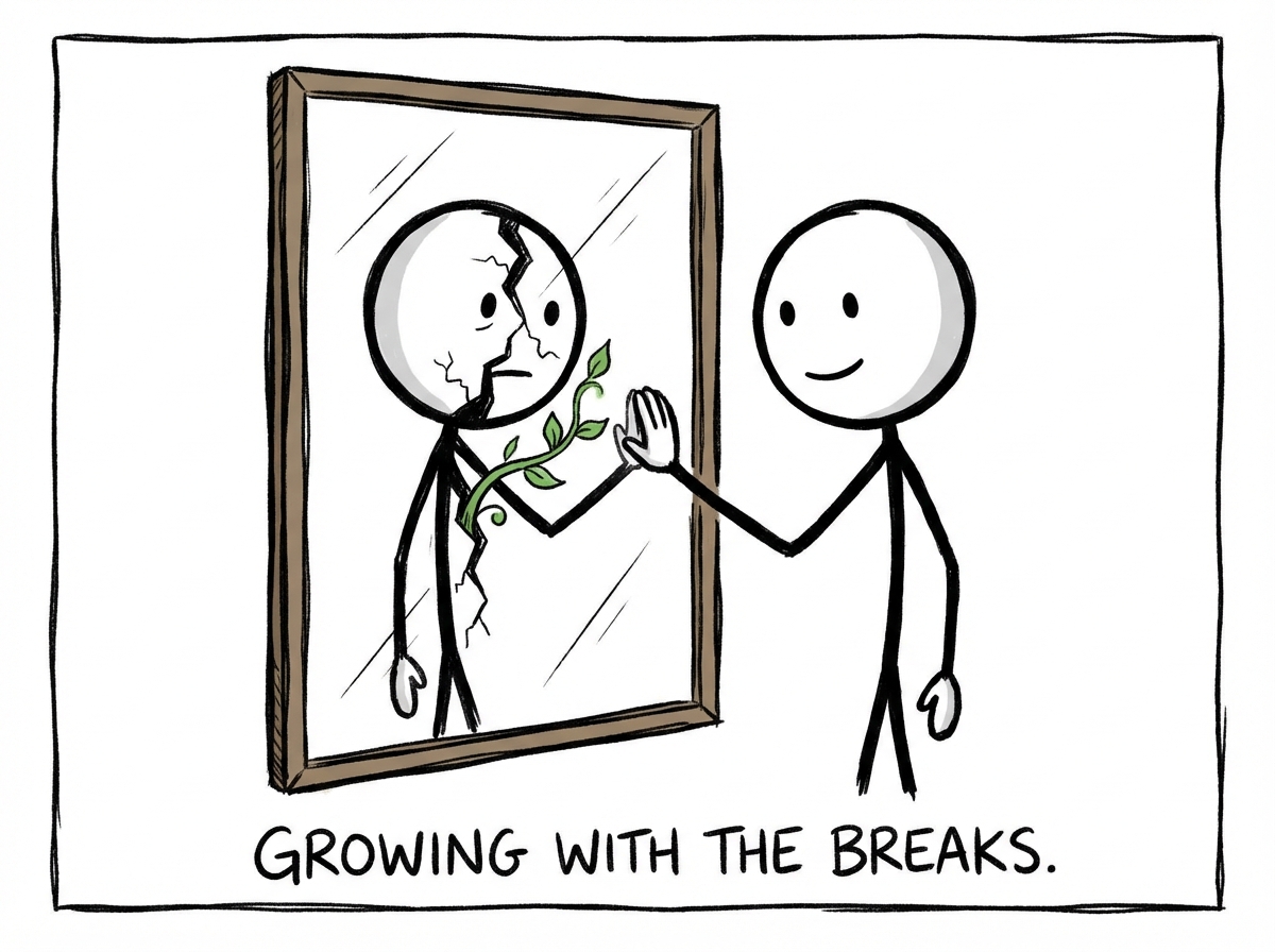 A stick figure looking in a mirror where their reflection shows both a crack running through it and new growth like a plant emerging from the crack, the figure touching the mirror with acceptance