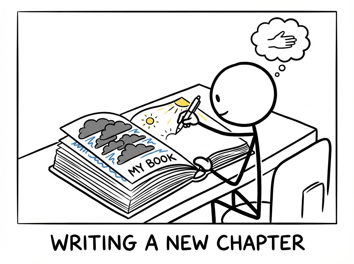 A stick figure writing in a book that has many chapters, some with dark storm imagery and some with sunlight, currently writing a new chapter with a steady hand, the book growing thicker with new pages