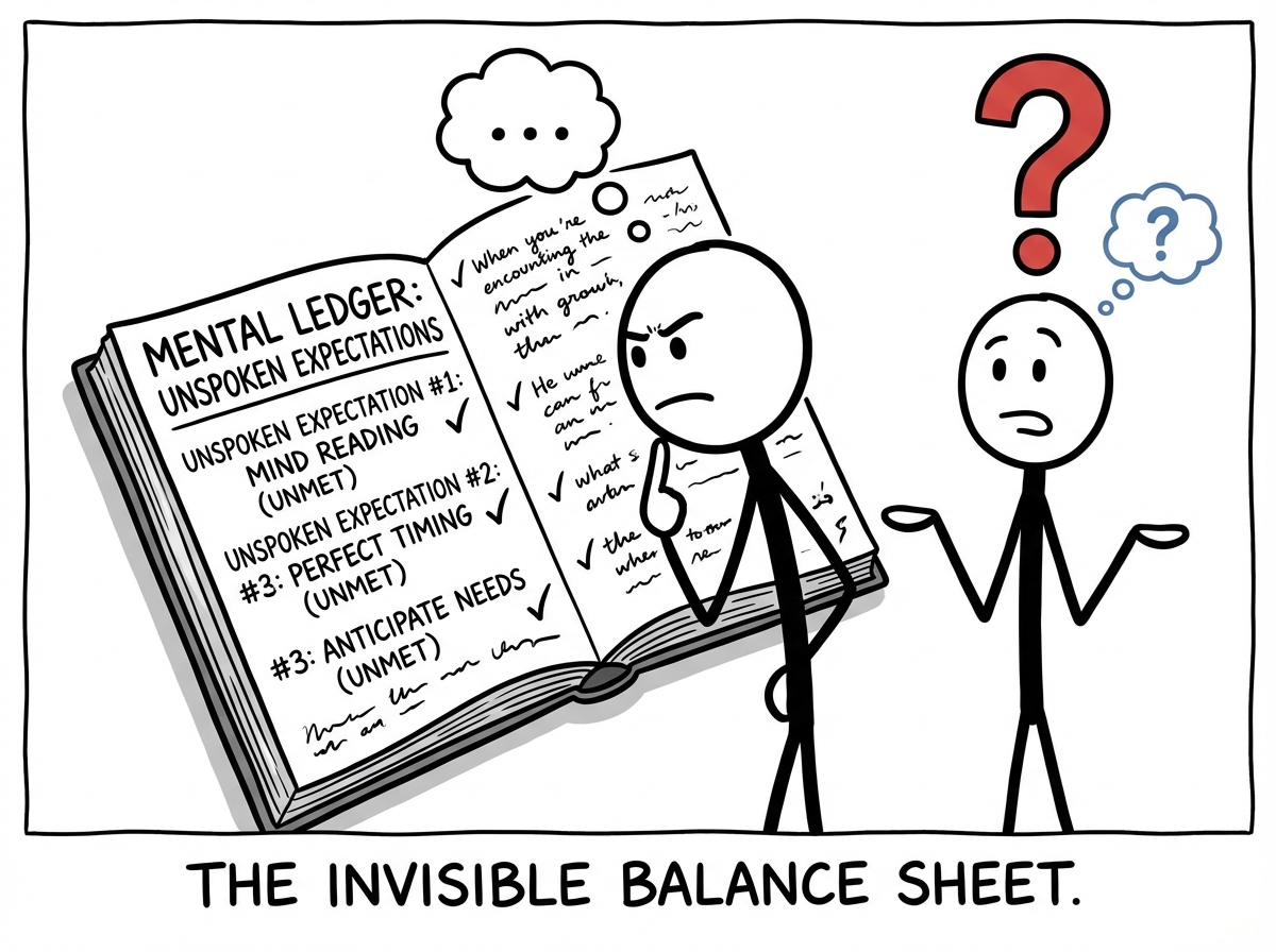 A person looking at a mental ledger book full of unspoken expectations, with a confused partner standing nearby