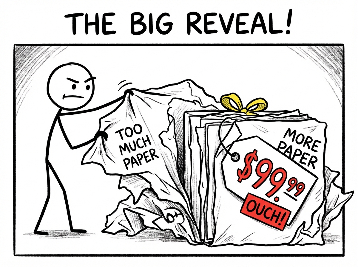 A person peeling back layers of a gift to reveal a hidden price tag underneath