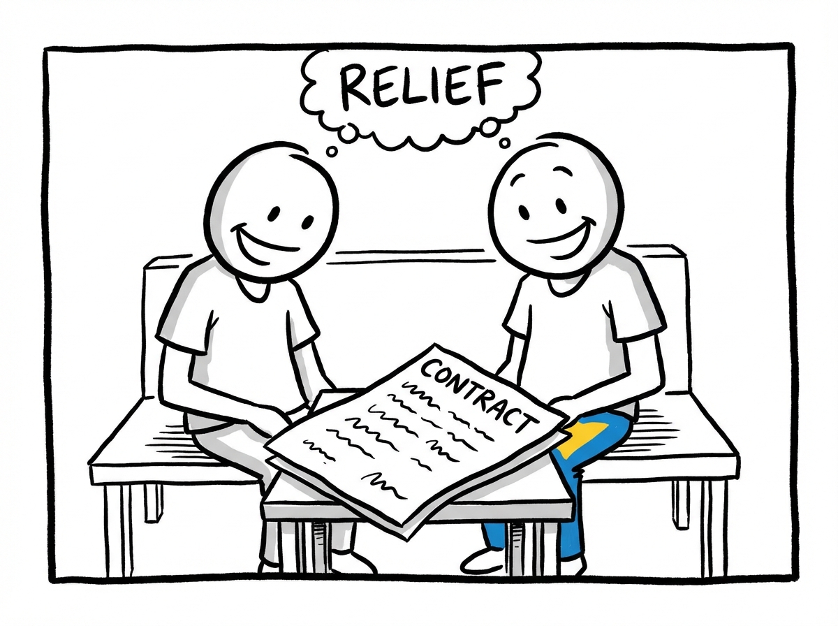Two people sitting together with a previously invisible contract now written out on paper between them, both looking relieved