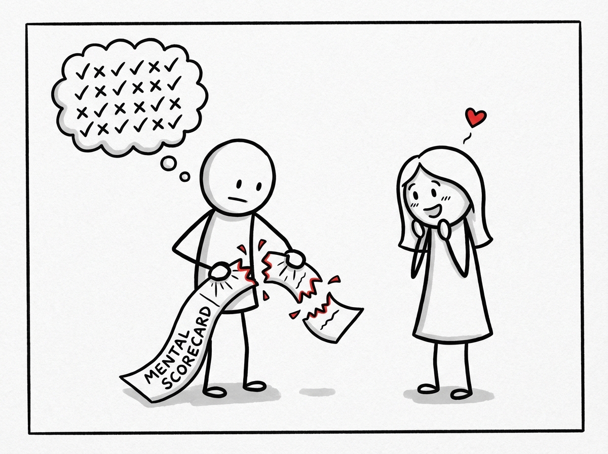 A person tearing up a long mental scorecard while their partner looks on with surprise and warmth
