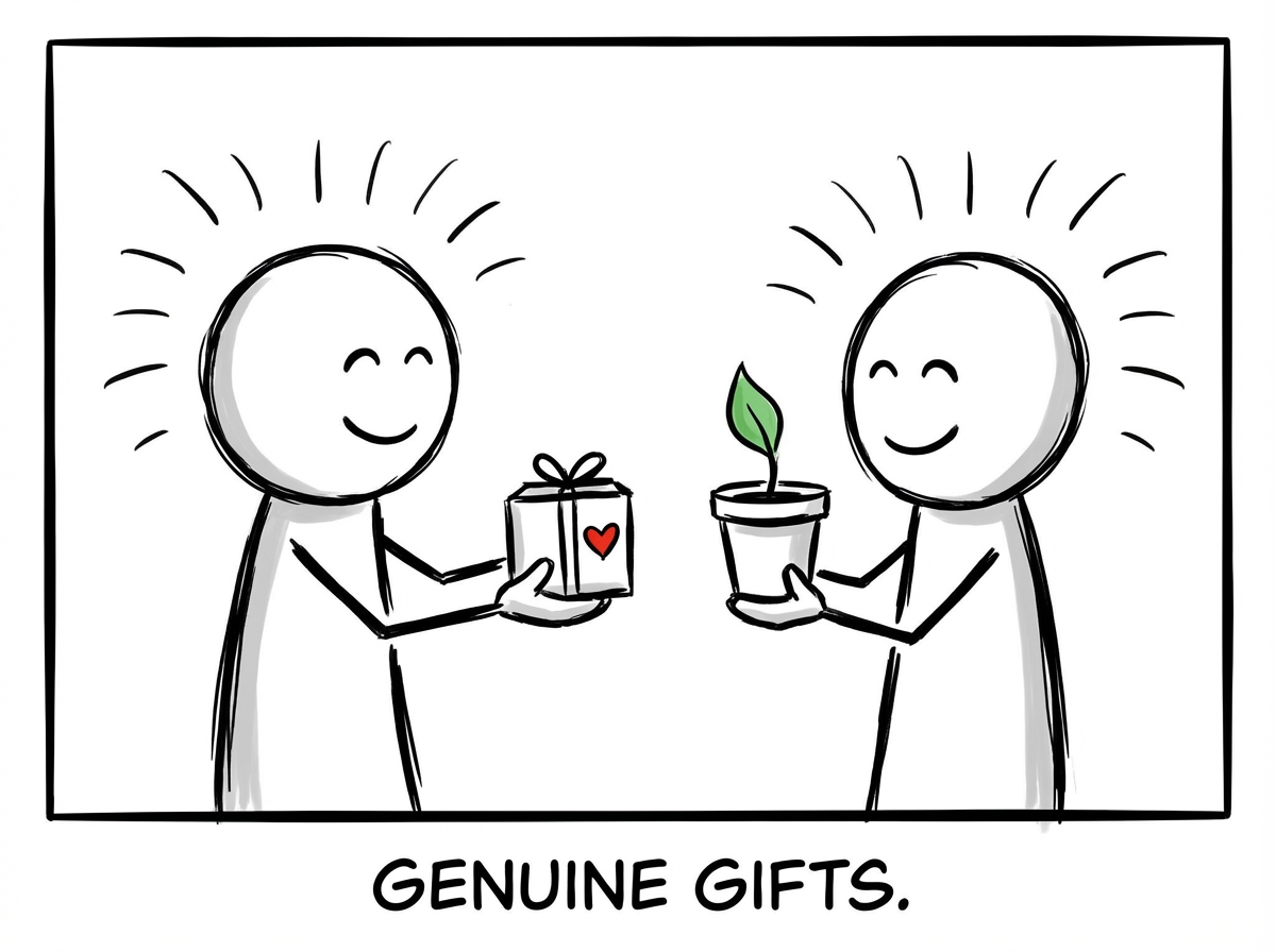 Two people exchanging genuine gifts with open hands and warm smiles, no hidden strings or price tags in sight