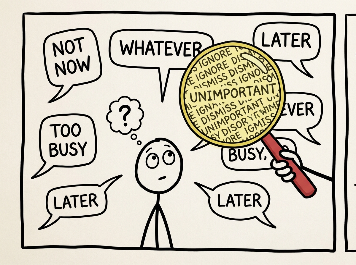 A person noticing speech bubbles around them containing dismissive phrases, with a magnifying glass revealing the pattern