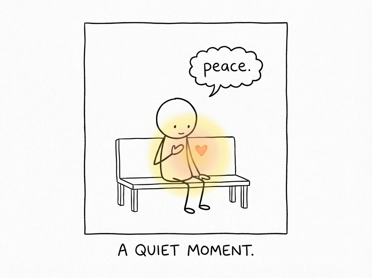 A person sitting quietly with a gentle hand on their own chest, with a warm glow emanating from where their hand rests
