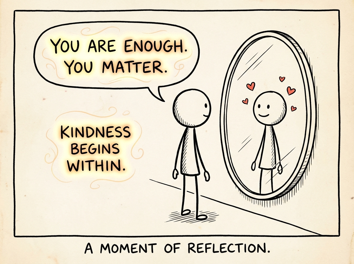 A person looking in a mirror and speaking kind words, with the words becoming visible as warm, glowing text floating between them and their reflection