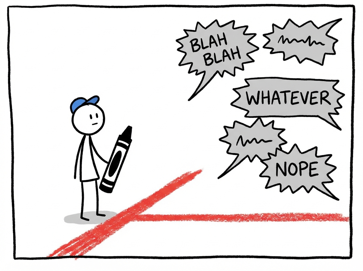 A person drawing a clear line on the ground between themselves and dismissive speech bubbles, standing calmly on their side
