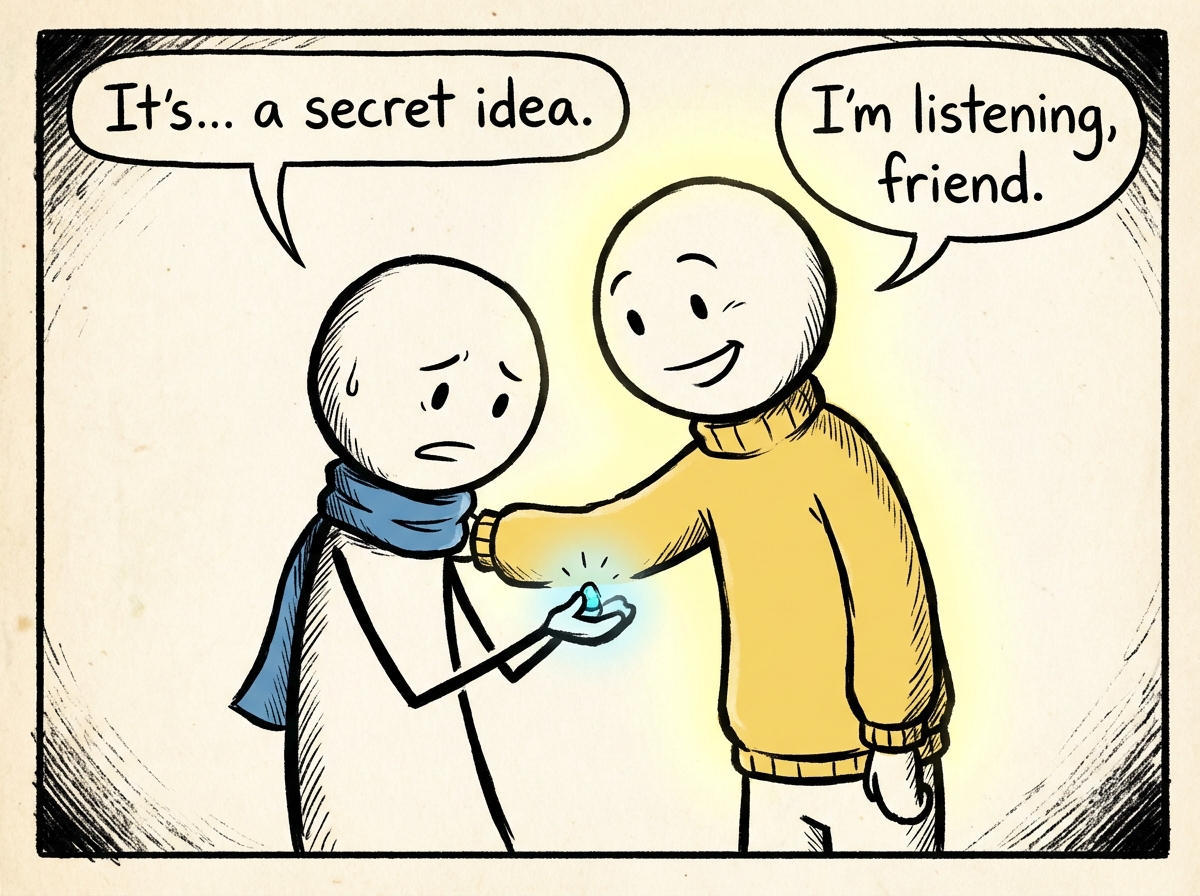A person cautiously sharing something with a friend, and the friend leaning in with genuine warmth and attention