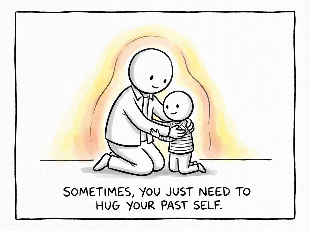 An adult version of a person kneeling down to comfort and embrace their younger child self, both surrounded by a warm safe glow