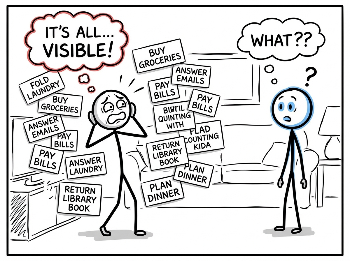 A person surrounded by dozens of floating invisible tasks finally becoming visible as written labels, while their partner looks on in surprise
