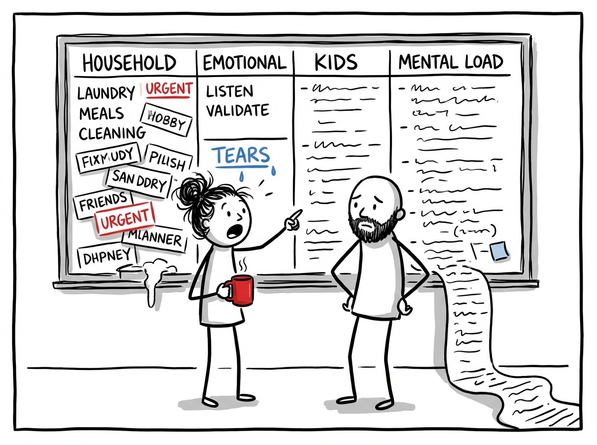 Two people looking at a large shared whiteboard with all household and emotional tasks listed, some columns much longer than others