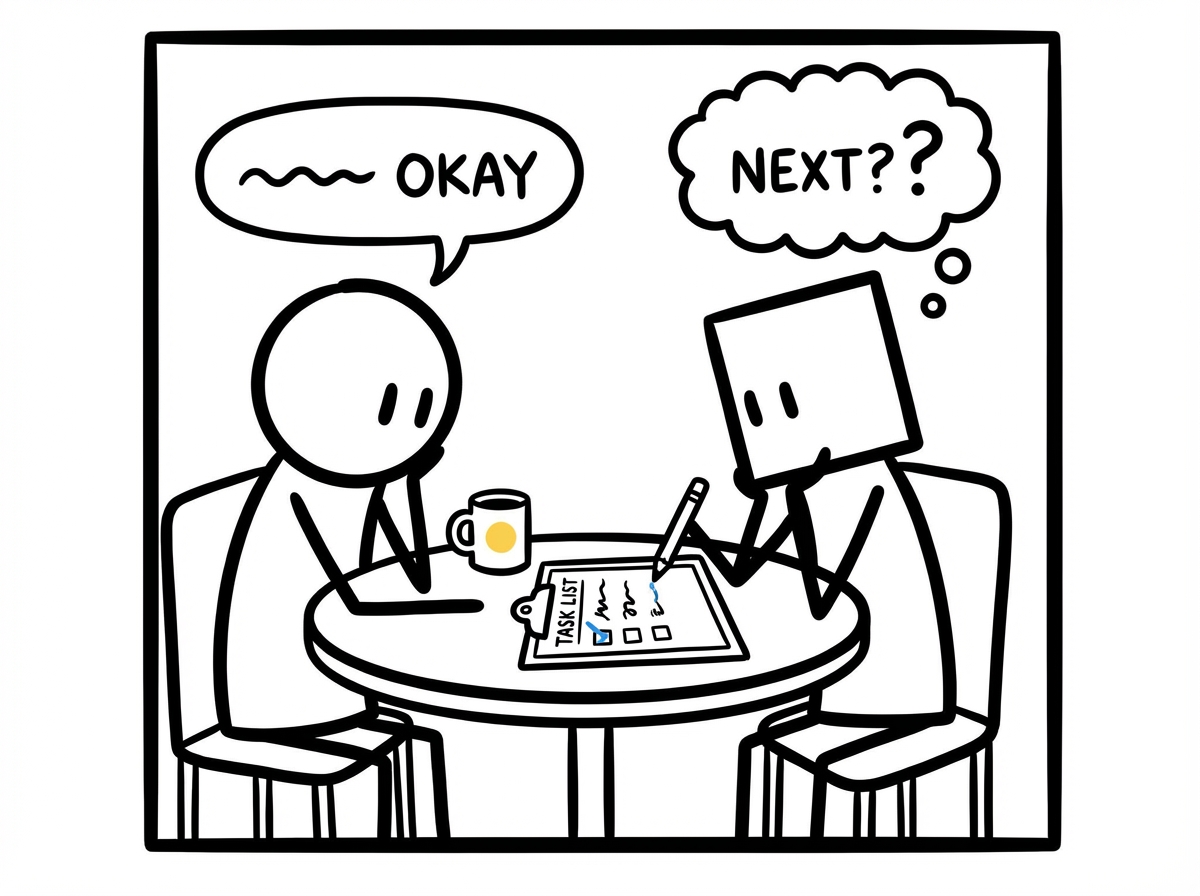 Two people talking calmly at a table with a shared task list between them, both leaning in with open body language