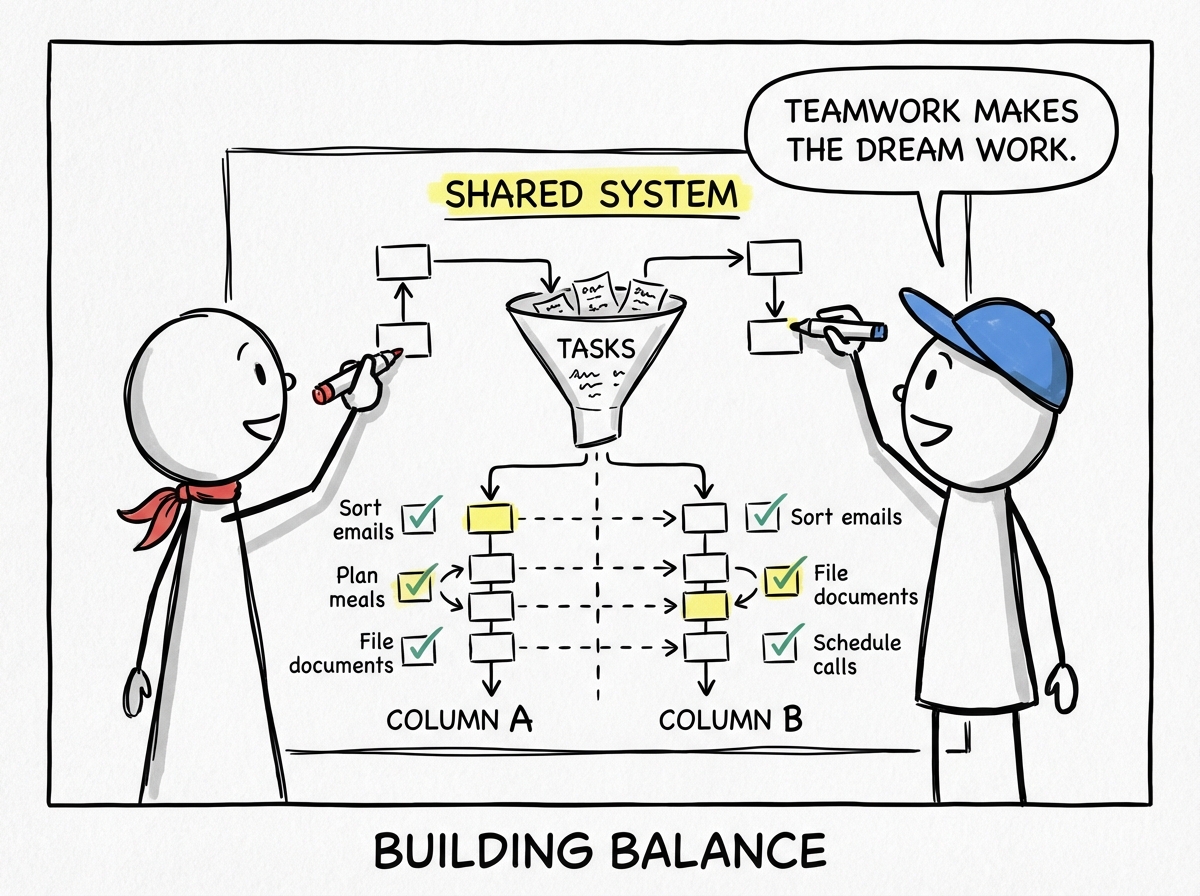 Two people building a shared organizational system together, with tasks flowing evenly into two balanced columns