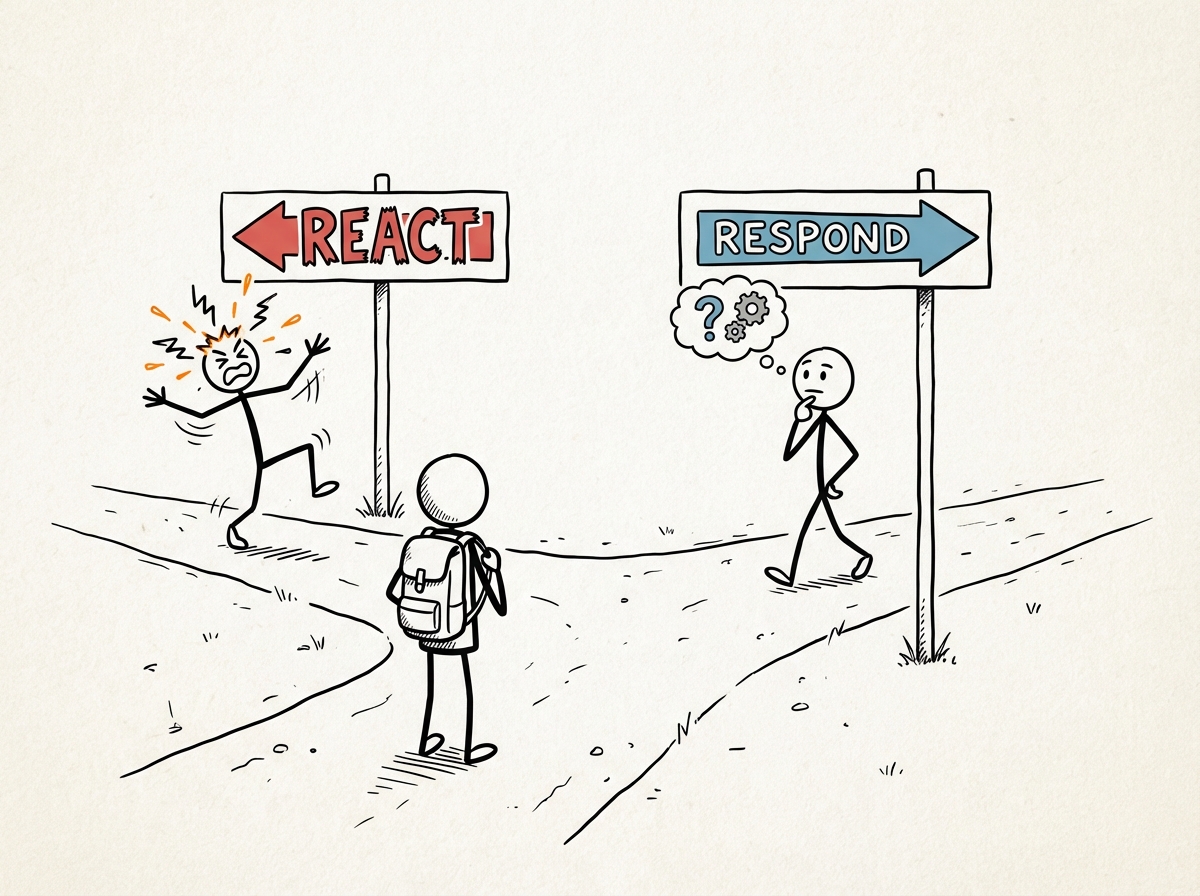 A person at a fork in the road, one path labeled 'react' showing a figure moving impulsively with sparks flying, the other path labeled 'respond' showing a figure pausing and thinking before stepping forward