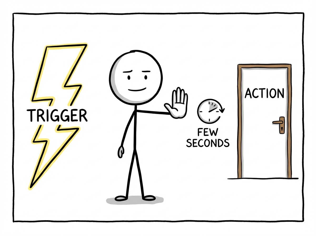 A person standing between a lightning bolt labeled 'trigger' and a door labeled 'action,' with their hand raised in a calm stop gesture, a clock showing a few seconds ticking in the space between