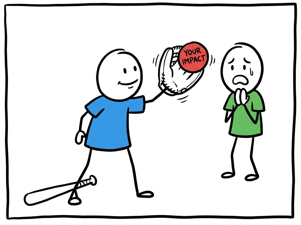 A person catching a ball labeled 'your impact' and holding it steady instead of batting it away, standing firmly with a calm expression while another person watches with a look of relief