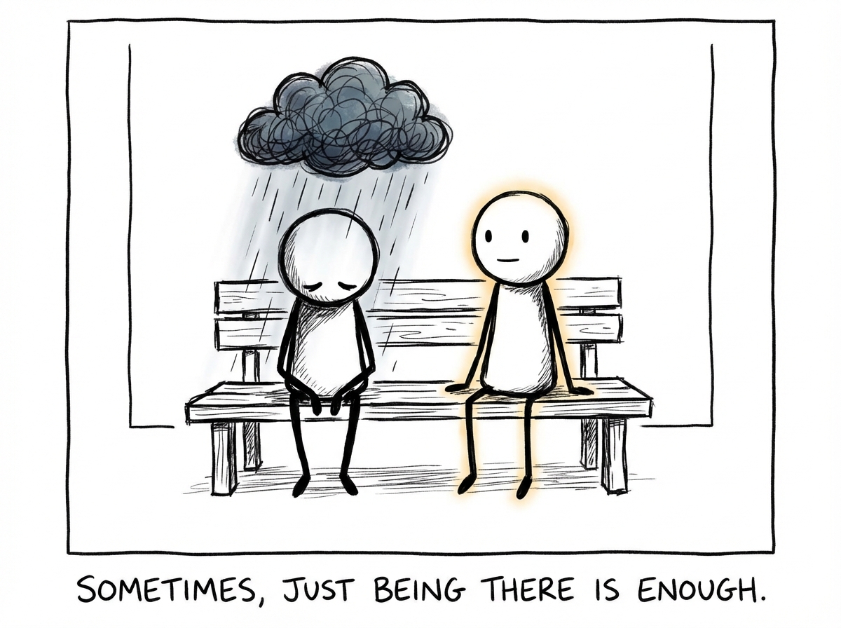 Two people sitting side by side on a bench, one person visibly upset with storm clouds above them, the other sitting quietly beside them without trying to push the clouds away, just being present