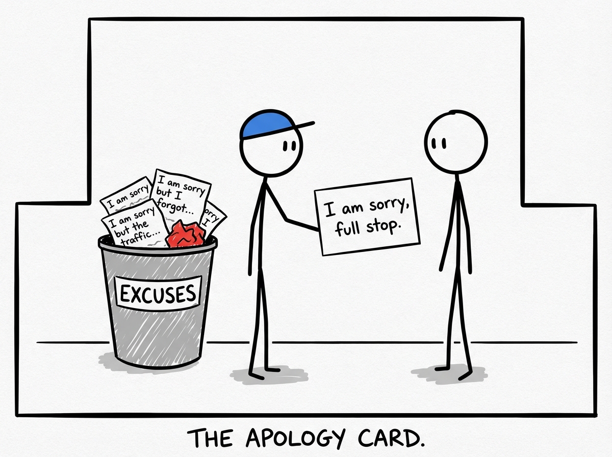 A person handing another person a clean white card that says 'I am sorry, full stop,' while behind them a trash bin holds crumpled cards that say 'I am sorry but' with various excuses