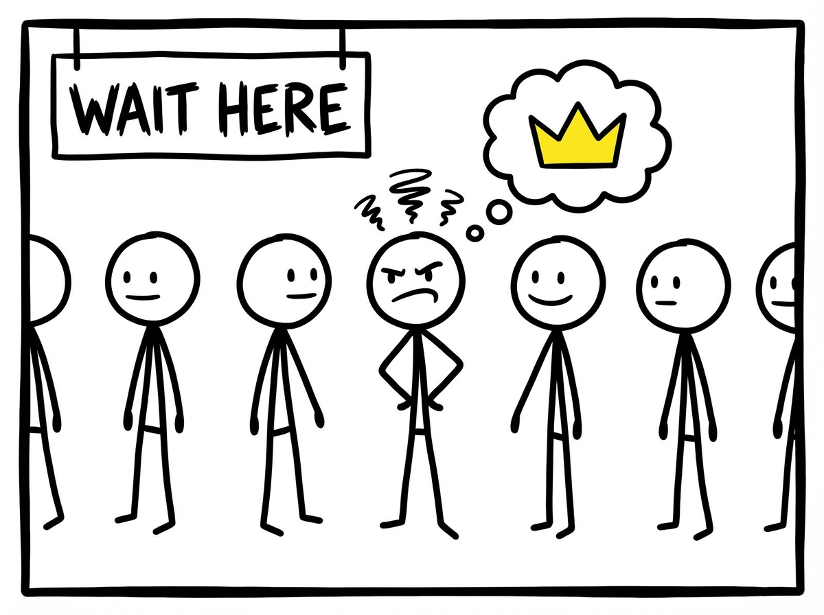 A stick figure standing in a queue looking visibly frustrated and confused about why they have to wait, while everyone else in line waits patiently, a thought bubble showing a crown above their head