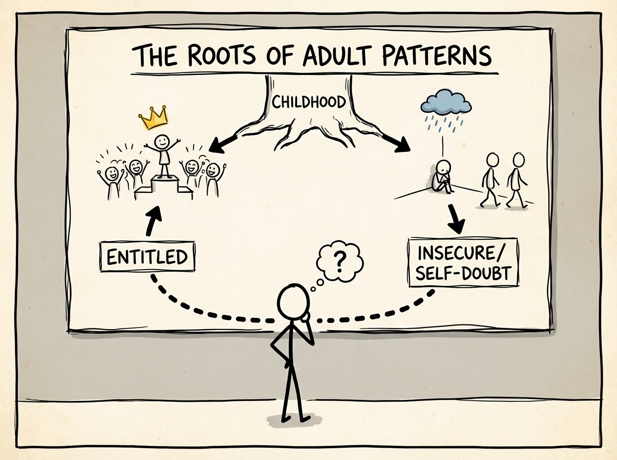 A stick figure looking at a family tree or timeline showing different childhood scenes -- one branch shows a child on a pedestal, another shows a child being ignored -- with arrows pointing to the adult figure's current entitlement patterns