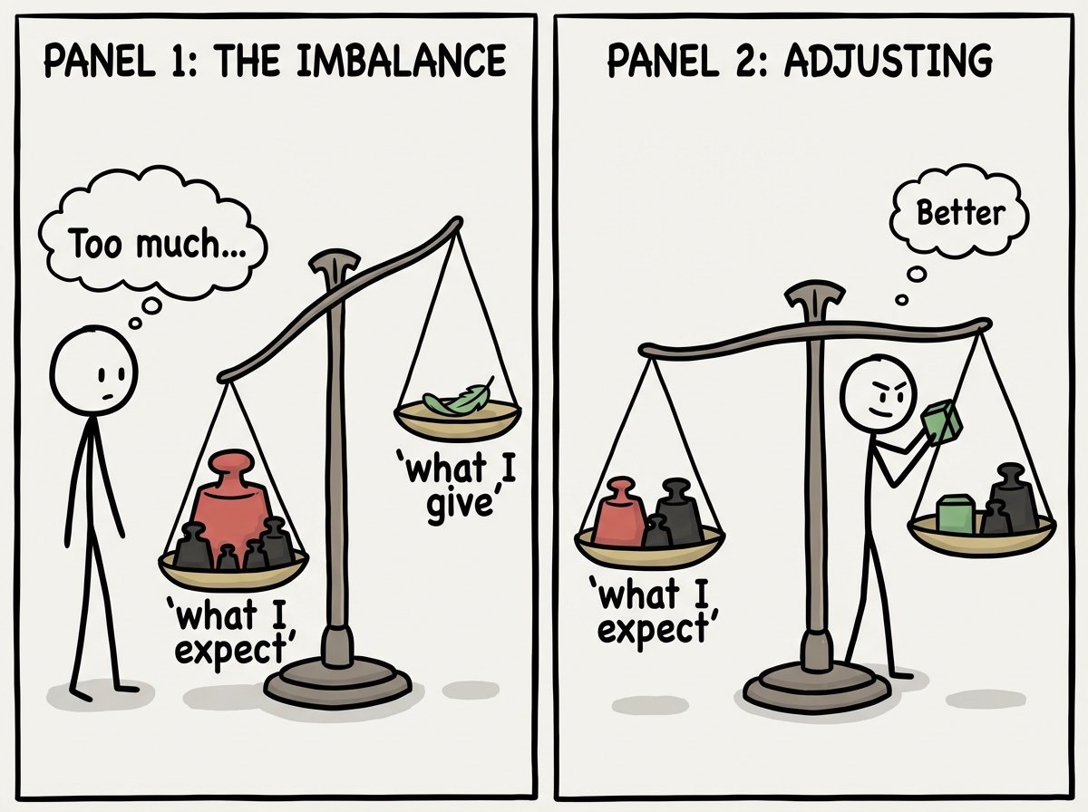 A stick figure standing at a scale with 'what I expect' heavily weighted on one side and 'what I give' light on the other, then adjusting the balance by adding to the giving side