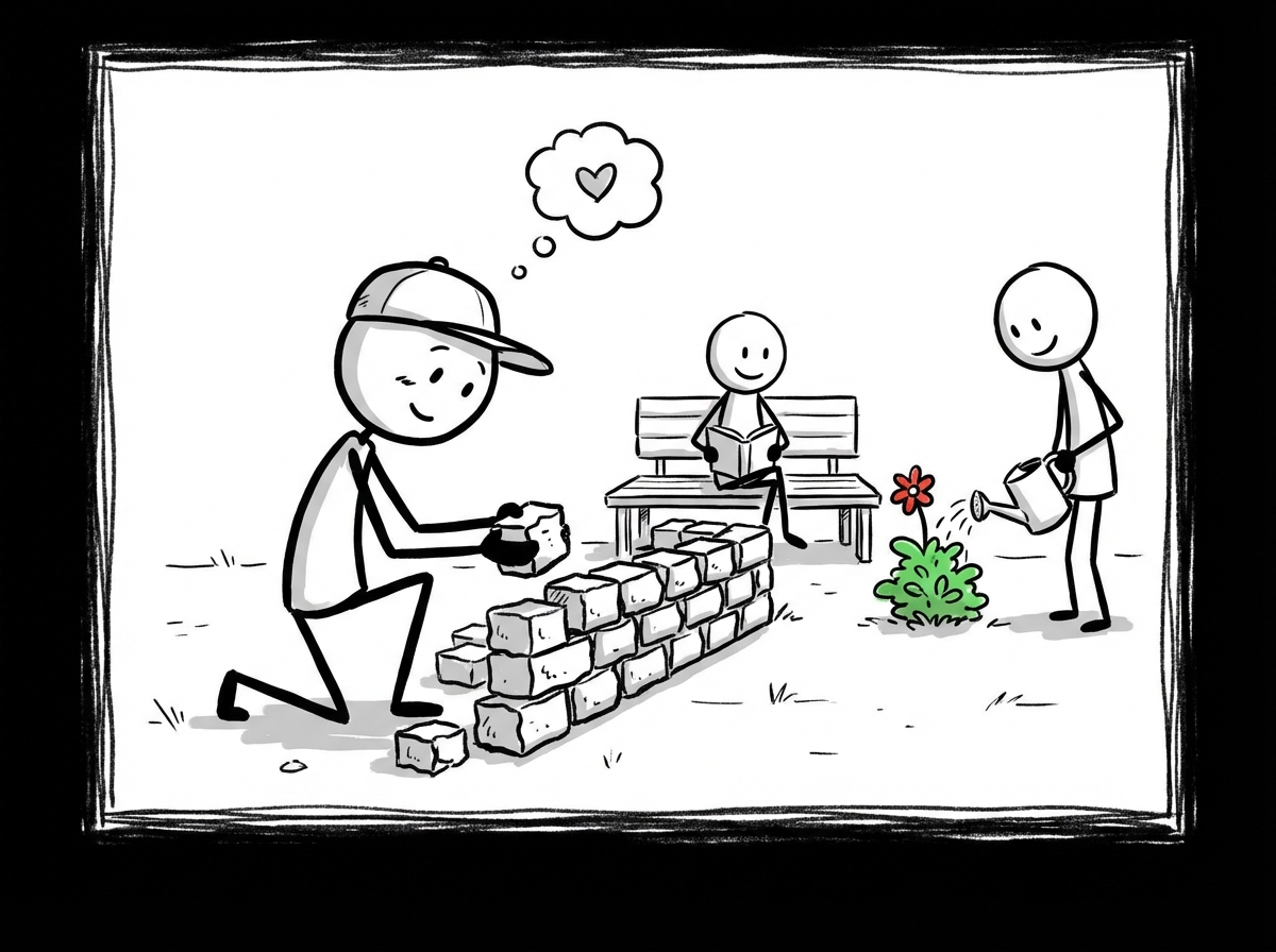 A stick figure building something with their hands -- a wall, a garden, a structure -- with other people nearby benefiting from the work, the figure looking satisfied without needing applause