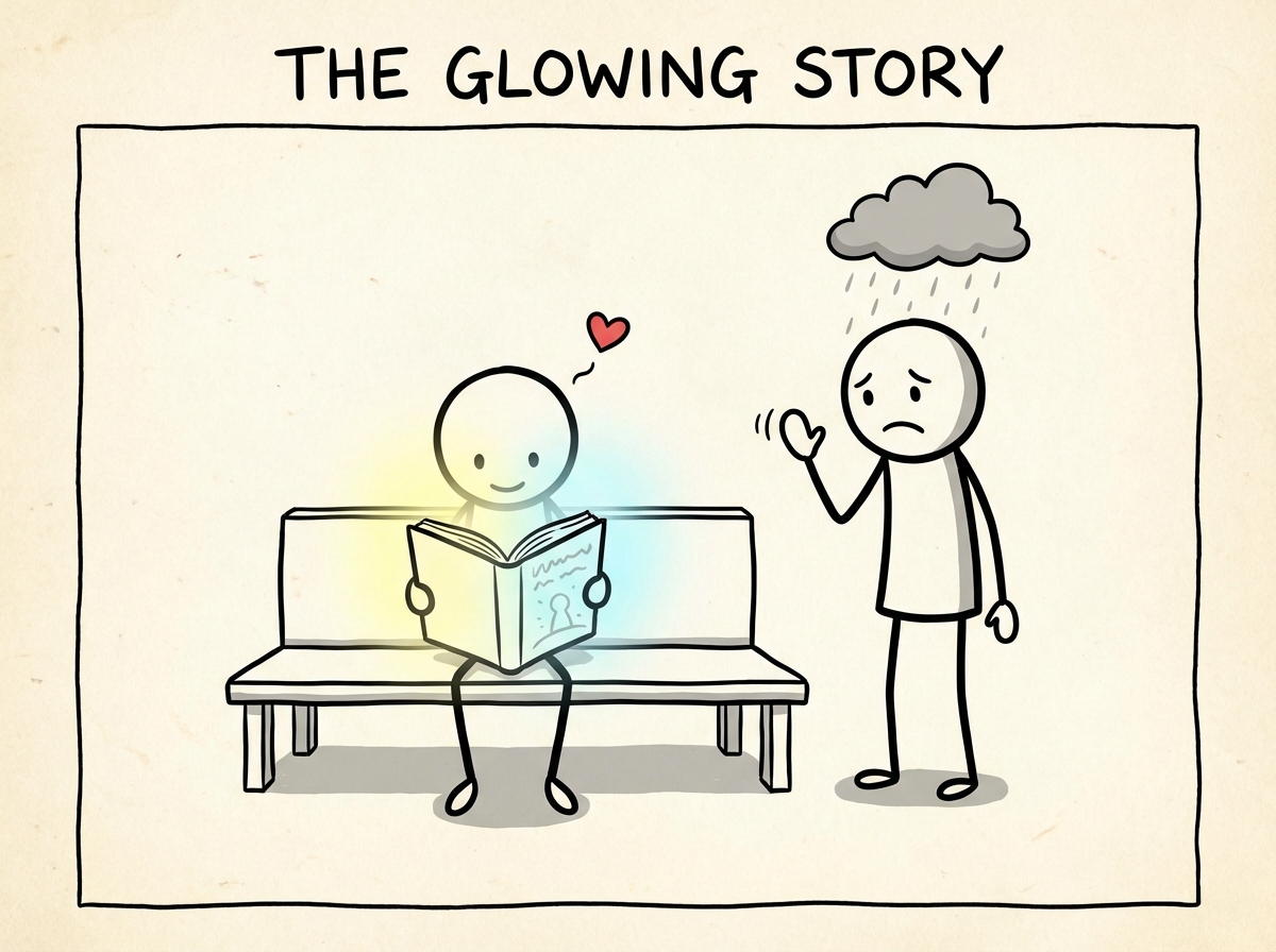 A person reading from a glowing storybook while their real partner stands beside them, unnoticed