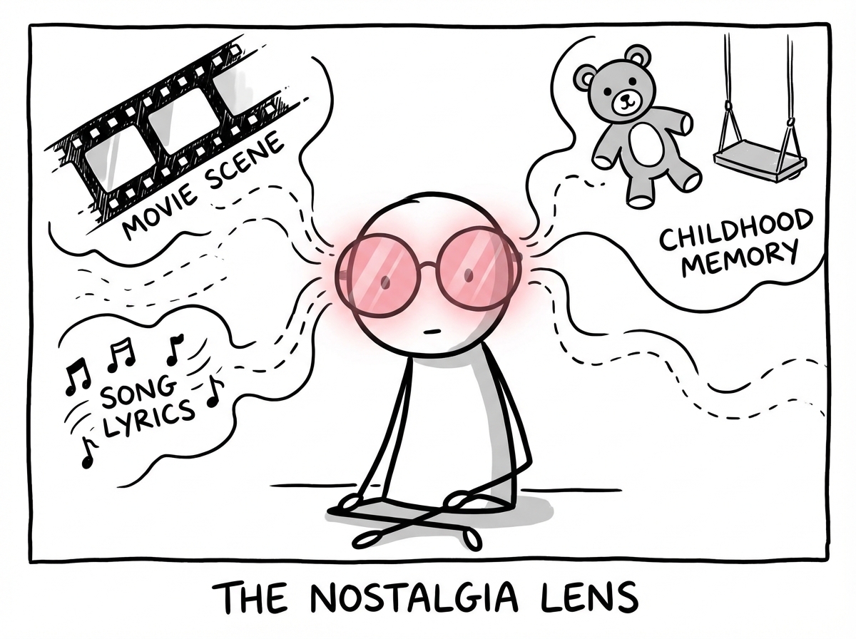 A person surrounded by floating movie scenes, song lyrics, and childhood memories, all feeding into a rose-tinted pair of glasses