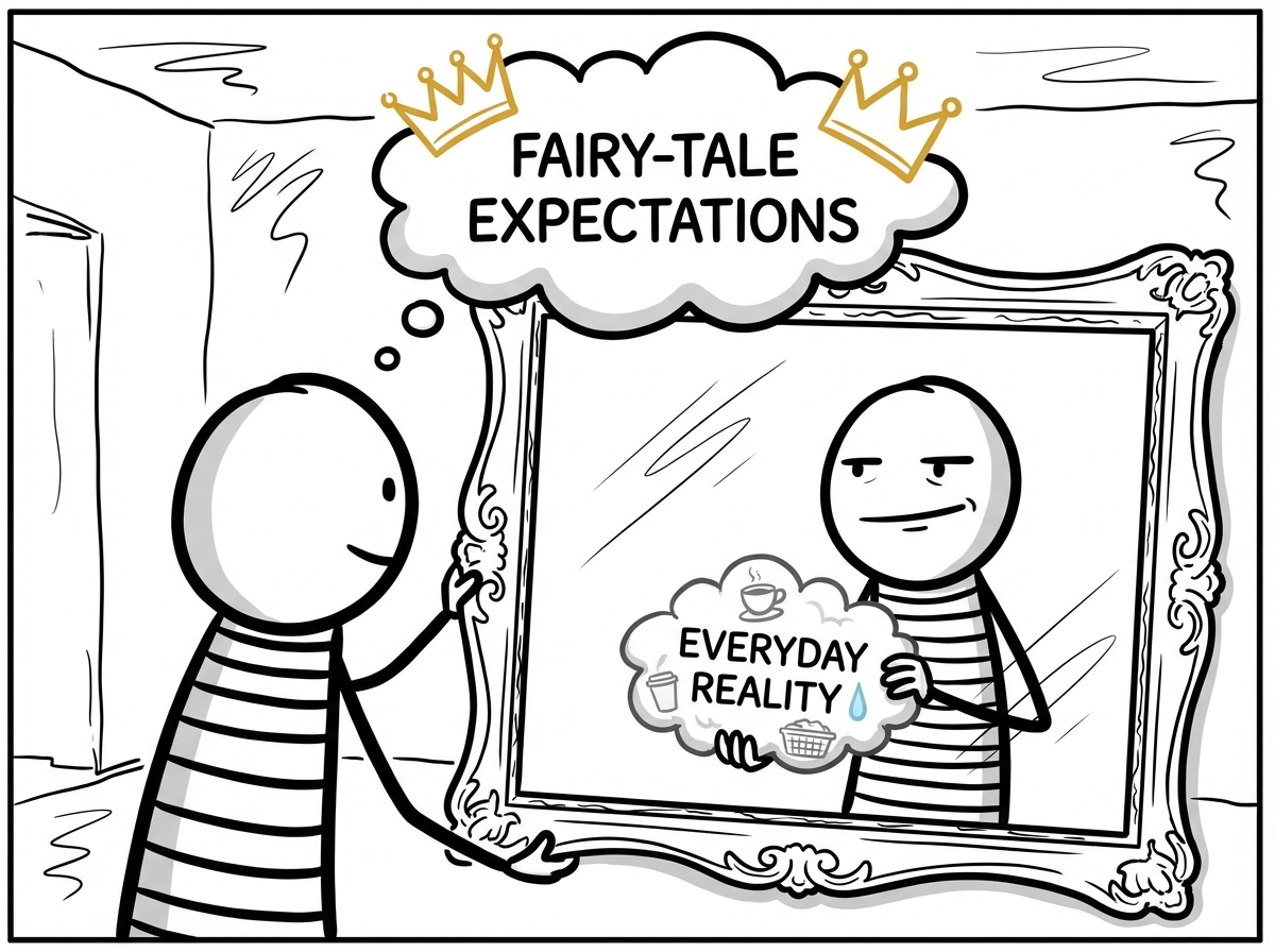 A person holding fairy-tale expectations up to a mirror that reflects what those expectations look like in everyday reality