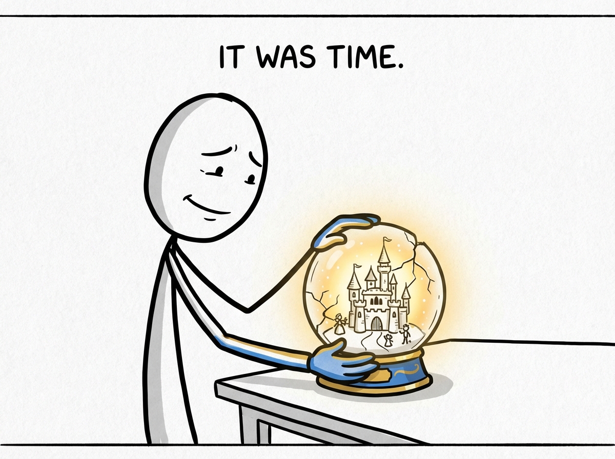 A person gently setting down a beautiful but cracked snow globe containing a perfect fairy-tale scene, looking wistful but resolved