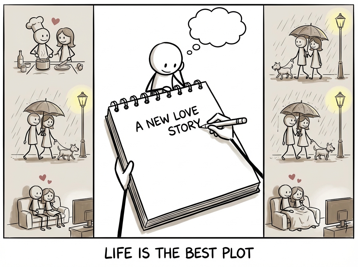A person writing a new love story on fresh paper, with realistic but warm scenes of everyday partnership illustrated around the edges
