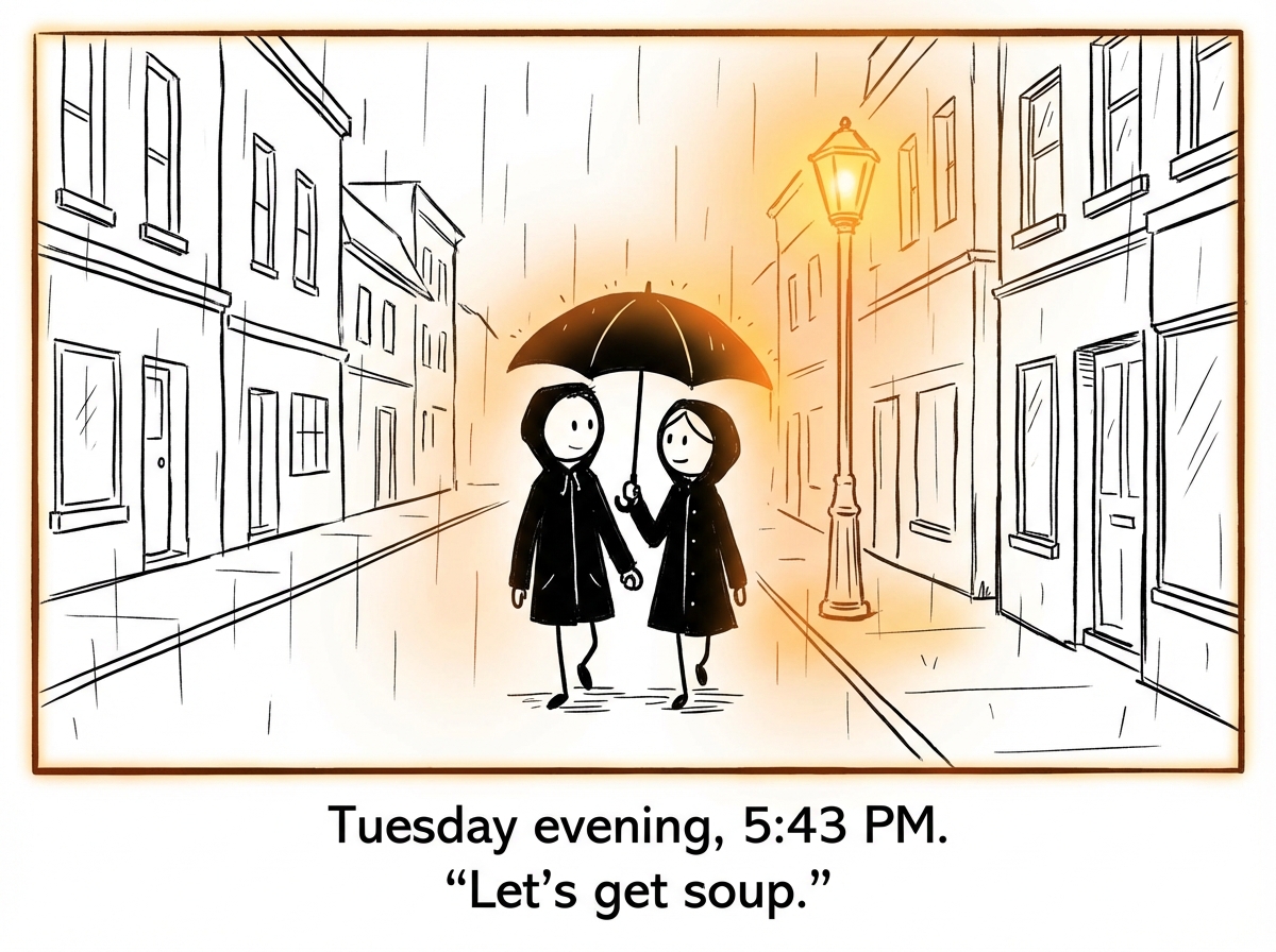 A couple sharing a quiet, ordinary moment together — maybe cooking or walking — with a warm glow around the simple scene