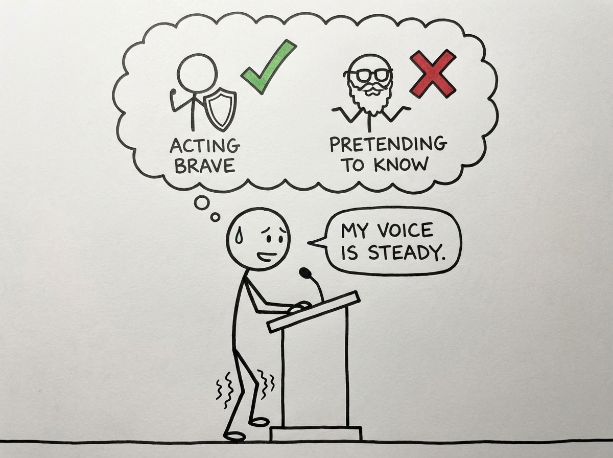 A stick figure standing at a podium with visibly shaking knees but a steady voice, a thought bubble showing the difference between 'acting brave' with a checkmark and 'pretending to know' with an X