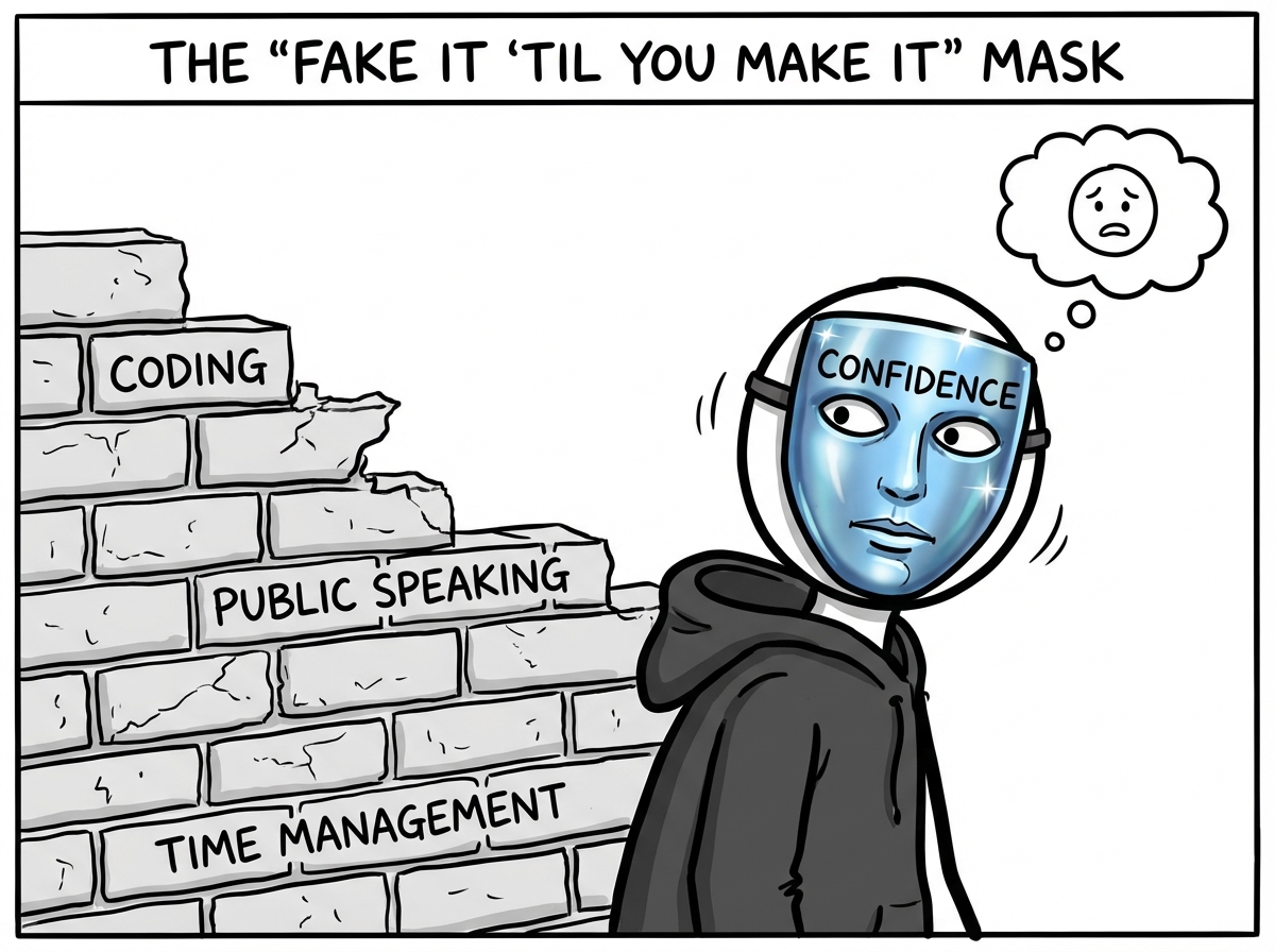 A stick figure wearing a shiny mask of confidence while behind them is a crumbling, half-built wall representing skills they never actually developed, looking nervously over their shoulder