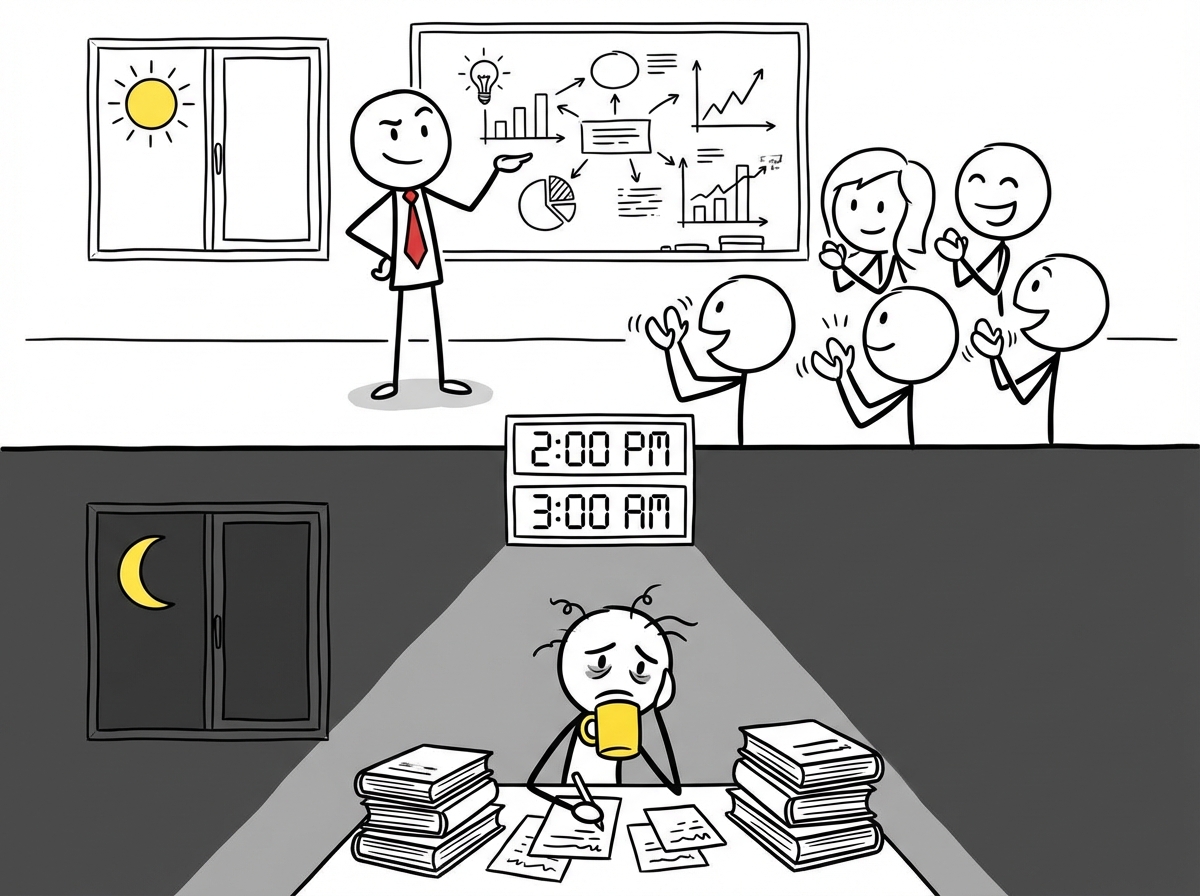 A stick figure standing confidently at a whiteboard in front of others during the day, then studying intensely at a desk late at night with books and notes, a clock showing the passage of time between the two scenes