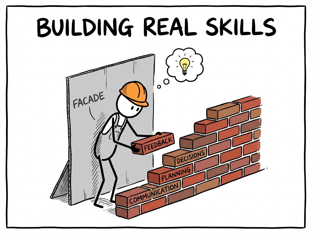 A stick figure building a solid brick wall behind a cardboard cutout facade, the bricks labeled with specific skills like 'feedback' and 'decisions,' the wall gradually becoming taller than the facade