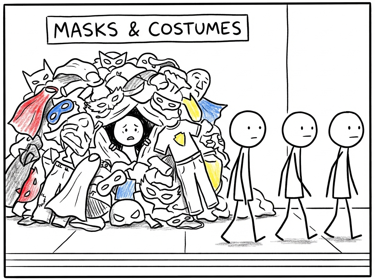 A stick figure hiding behind an increasingly thick wall of masks and costumes, peeking out through a small gap, while other people walk by unable to see the real person behind all the layers