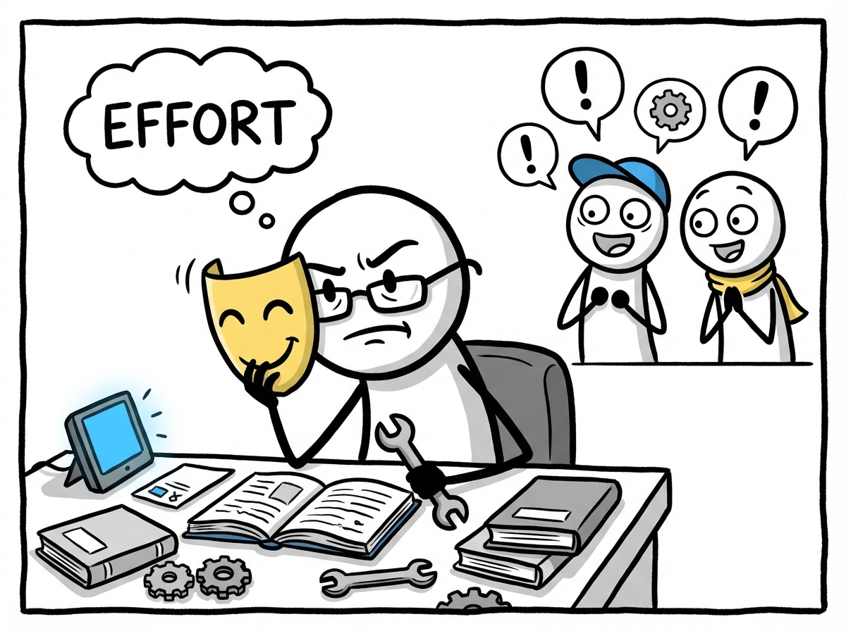 A stick figure removing a polished mask to reveal a focused, working face underneath, with tools and books visible around them, other figures nearby looking impressed at the real effort rather than the performance