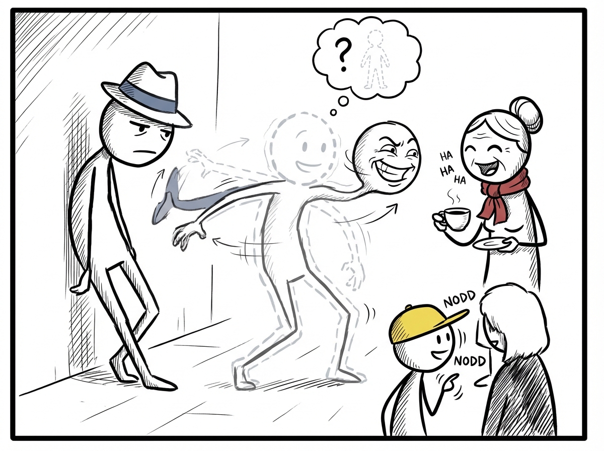 A stick figure shapeshifting to match the people around them -- mirroring one person's posture, laughing at another's joke, nodding along to a third -- while their own outline underneath is faded and barely visible