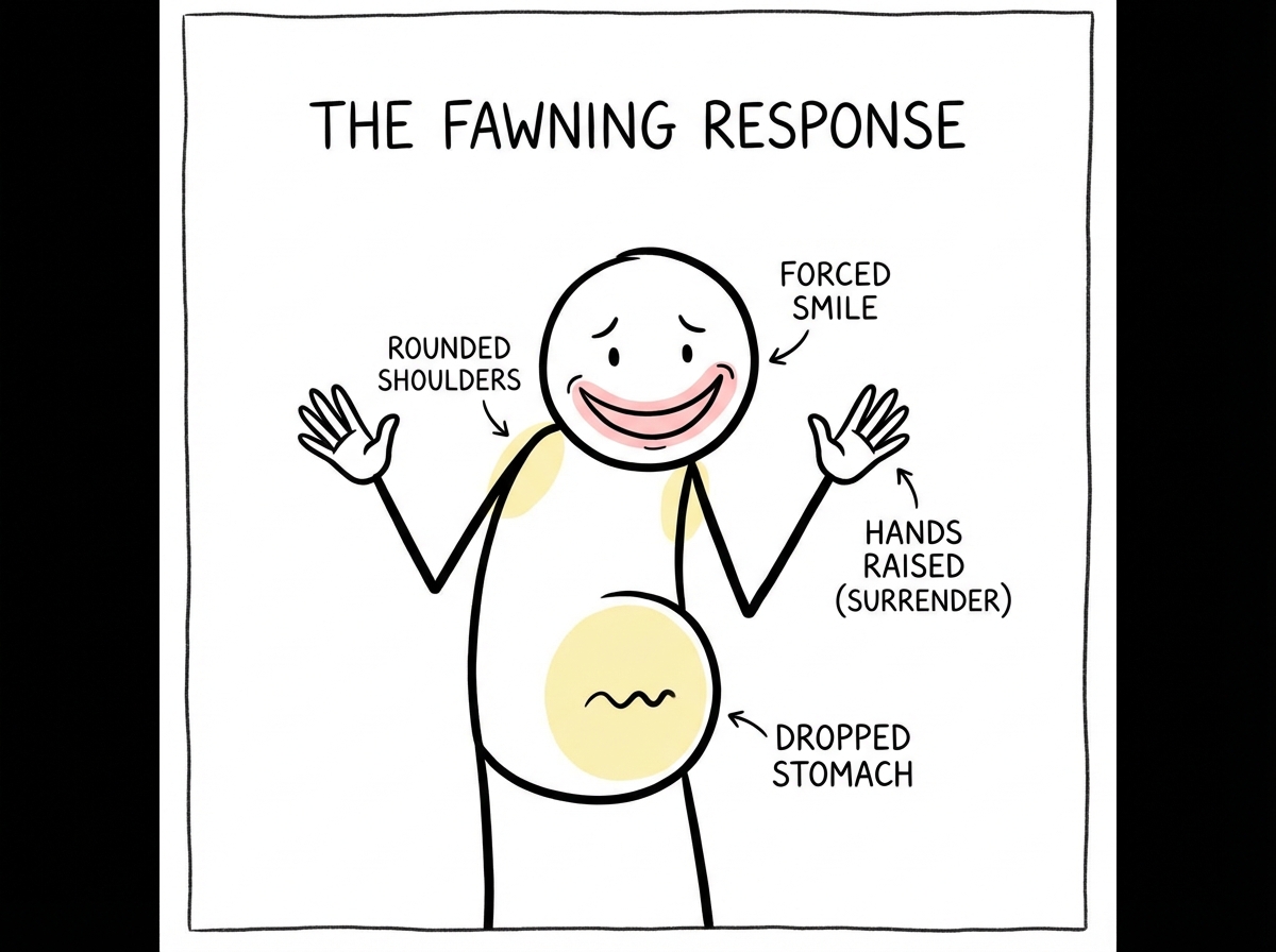 A stick figure with highlighted body areas showing the fawning response -- a dropped stomach, rounded shoulders, a forced smile, and hands raised in a surrender posture -- with small labels pointing to each