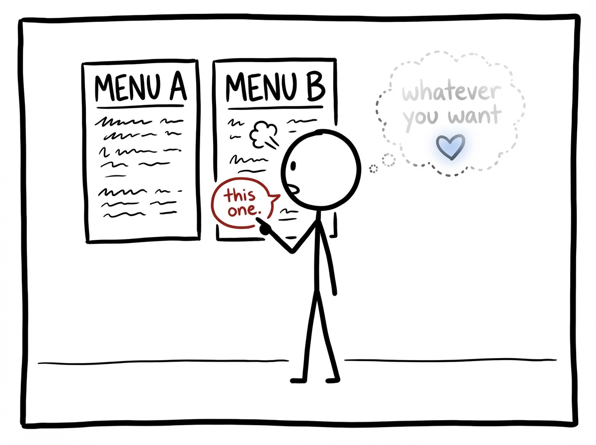 A stick figure standing in front of two restaurant menus, taking a deep breath and pointing to one with a small but definite 'this one,' while the automatic 'whatever you want' response fades in a thought bubble