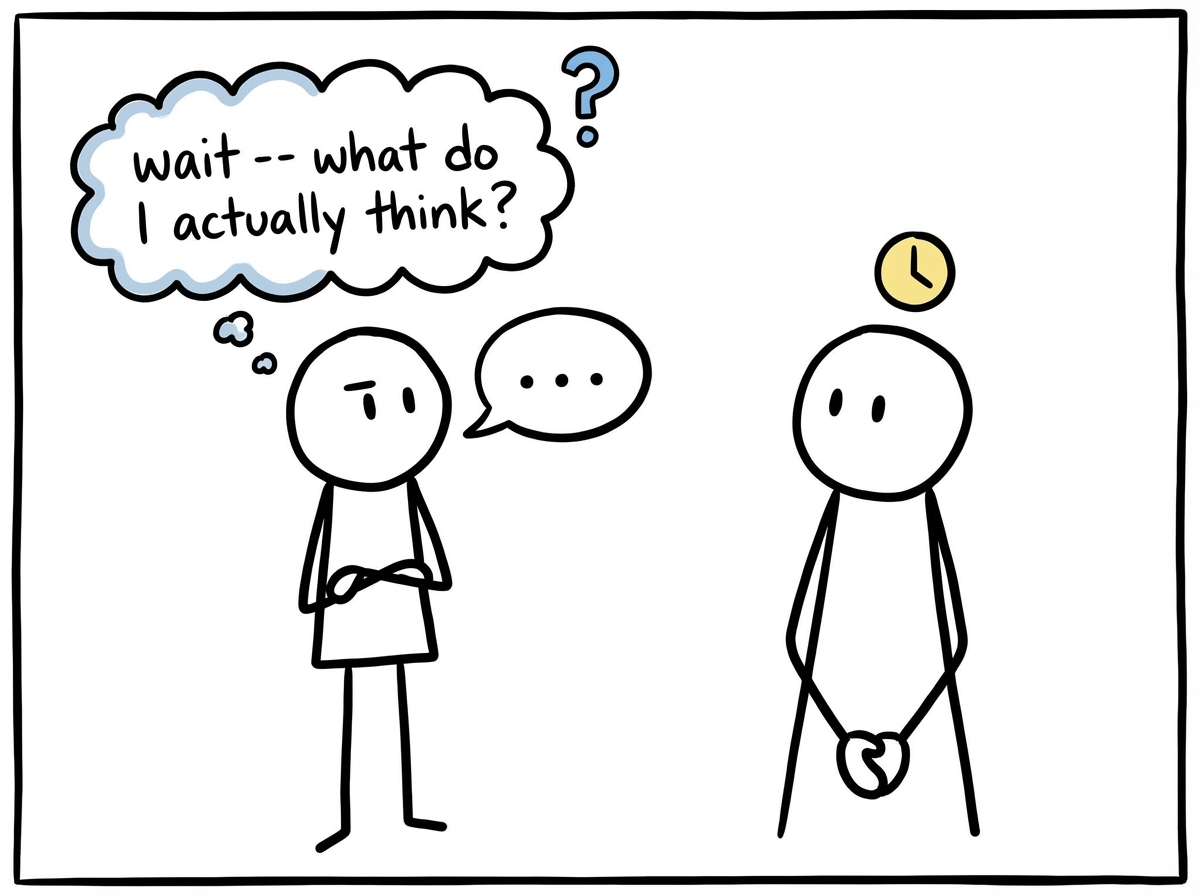 A stick figure with a speech bubble showing '...' instead of an immediate answer, a small internal dialogue asking 'wait -- what do I actually think?' while the other person waits patiently