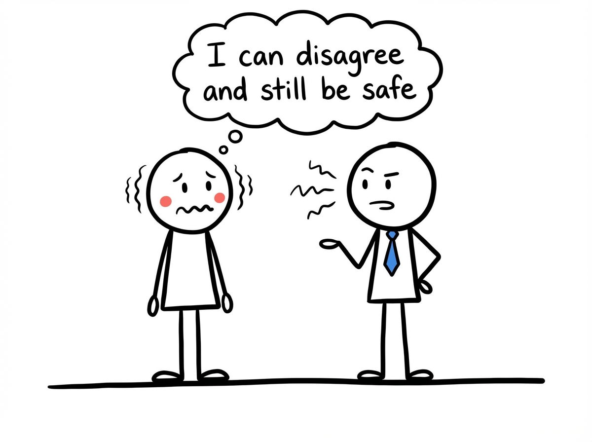 A stick figure in a mild disagreement with another person, visibly uncomfortable but still standing upright with their feet planted on the ground, a thought bubble reading 'I can disagree and still be safe'