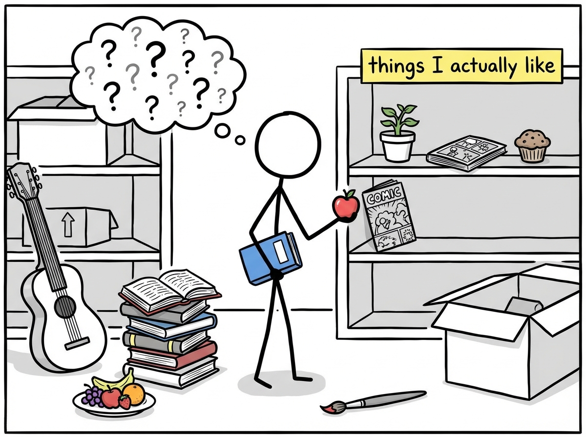 A stick figure in a room full of different options -- instruments, books, foods, art -- picking things up and trying them with curiosity, slowly filling a shelf labeled 'things I actually like'