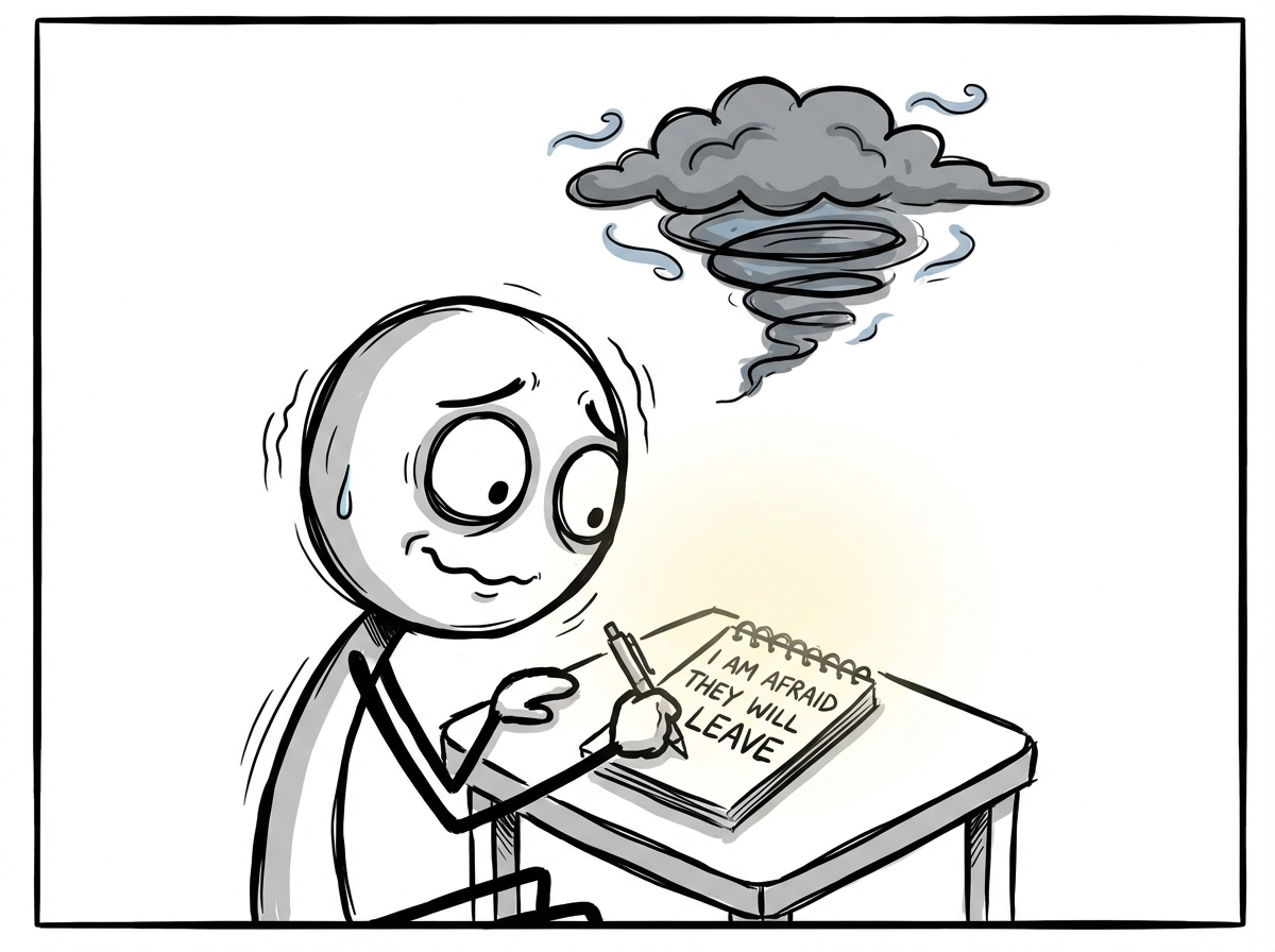 A stick figure writing the words 'I am afraid they will leave' on a piece of paper, looking both relieved and vulnerable, with the fear represented as a dark cloud becoming slightly smaller