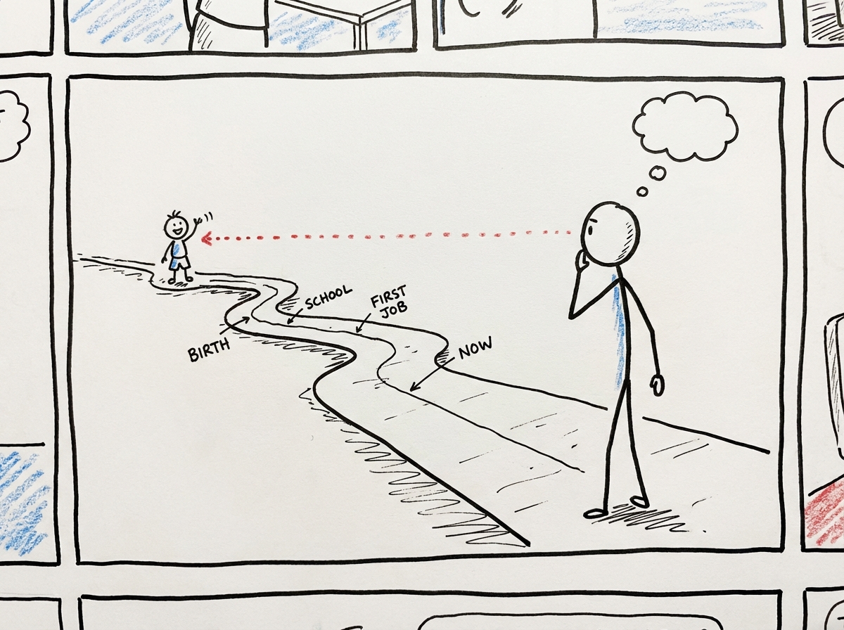 A stick figure looking at a timeline stretching behind them, with a small child version of themselves standing at a distant point on the line, and a dotted line connecting past to present