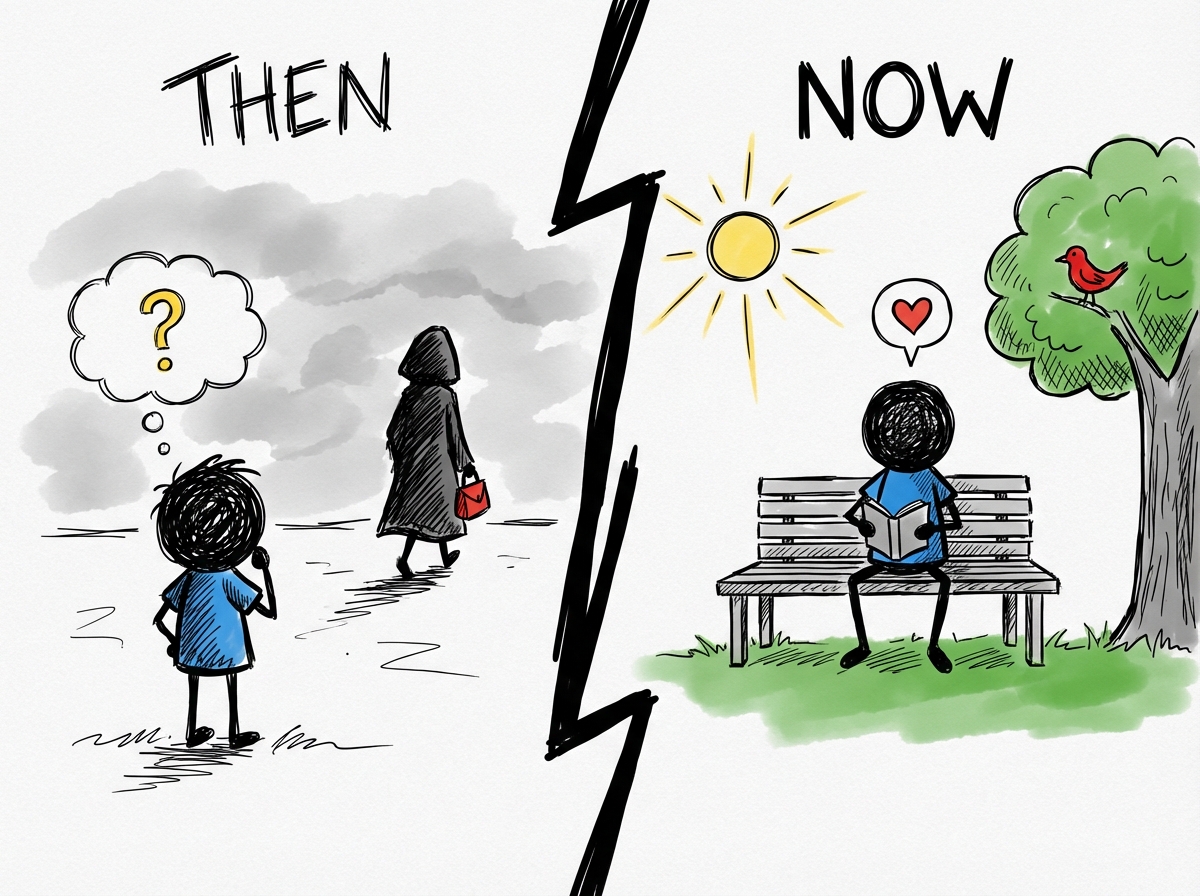 A split image showing a stick figure as a small child on the left side watching someone walk away, and the same figure as an adult on the right side in a safe present moment, with a clear line dividing past from present